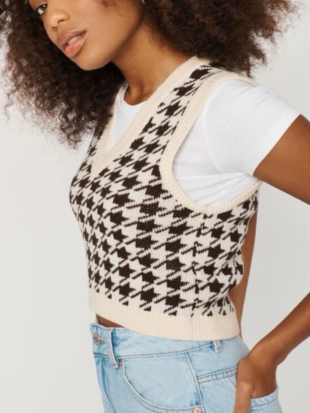 Garage Houndstooth Cropped Vest in Cream and Brown Cotton Blend Knit Tank